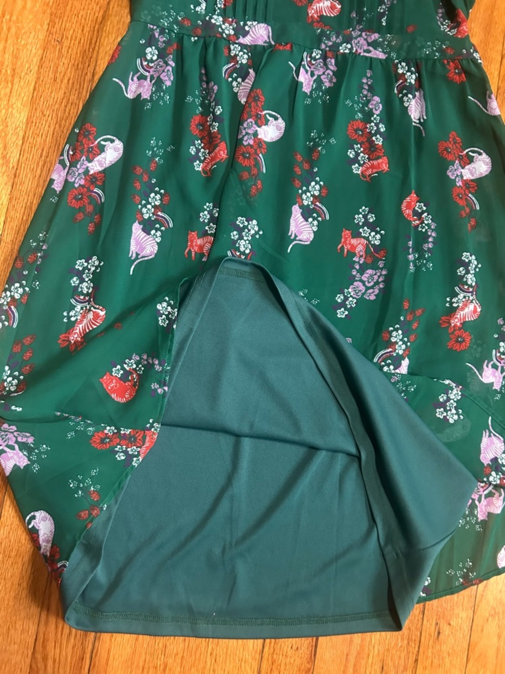 ModCloth Green Cats Dress XL Fully Lined Knee Length Whimsy Fairy Cute Kitchy - Picture 10 of 12